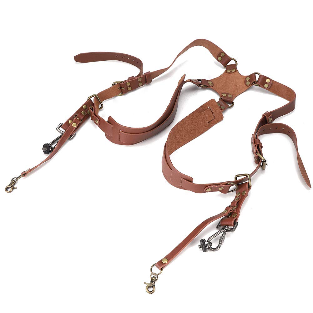 Camera Strap Adjustable Leather Camera Shoulder Strap, Camera Shoulder Harness Double Shoulder Harness Strap Two Cameras Shoulder Leather Strap for DSLR Cameras (Shoulders-Black) (Shoulders-brown)