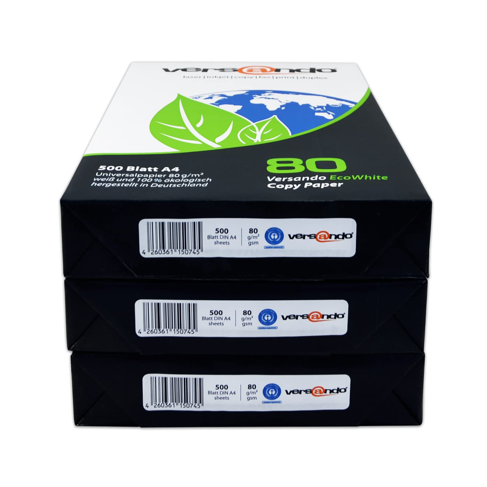 versando 1.500 Blatt Recyclingpapier DIN A4 EcoWhite 80g Kopierpapier Druckerpapier Öko hohe Weiße ISO 90 - Blauer Engel zertifiziert - Umweltpapier