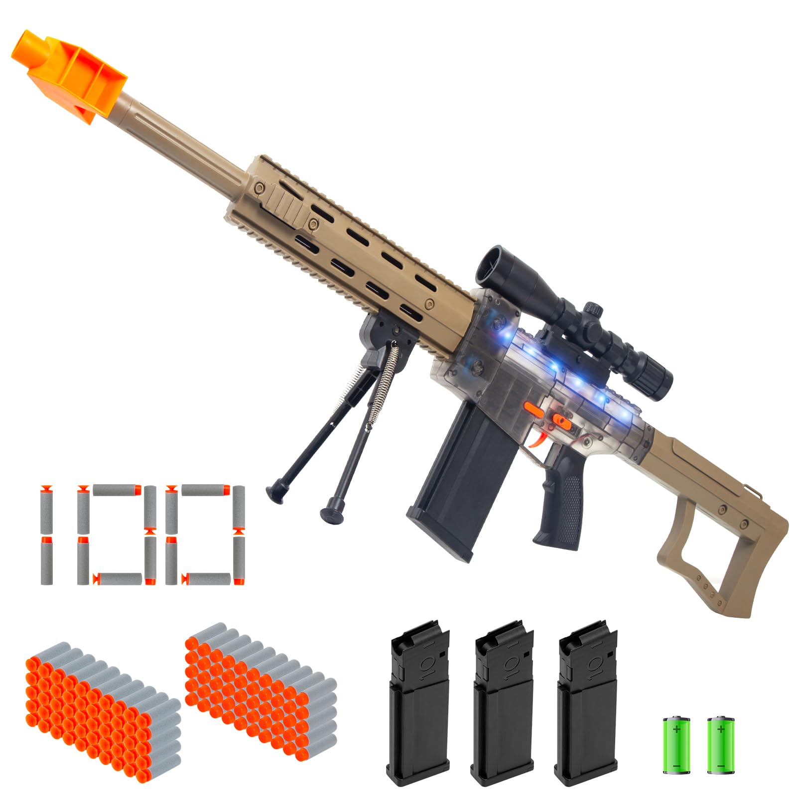 Photo 1 of Realistic Toy Gun for Nerf Guns Darts - Electric Sniper Rifle Automatic Foam Blaster with Scope 100 Soft Bullets 3 Magazine for Kid Boy Ages 6-12 Years Old, Indoor Outdoor Game for Adult Child Desert