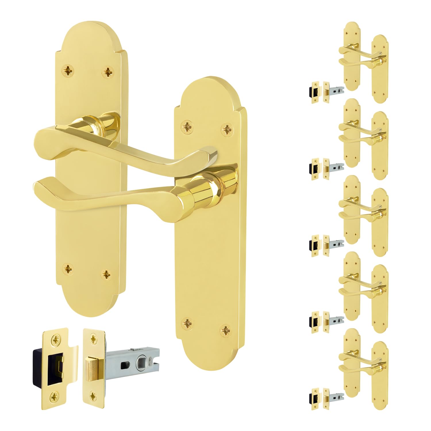 EAI Polished Brass Door Handles with Latch 64mm, 6 Pack - Victorian Scroll