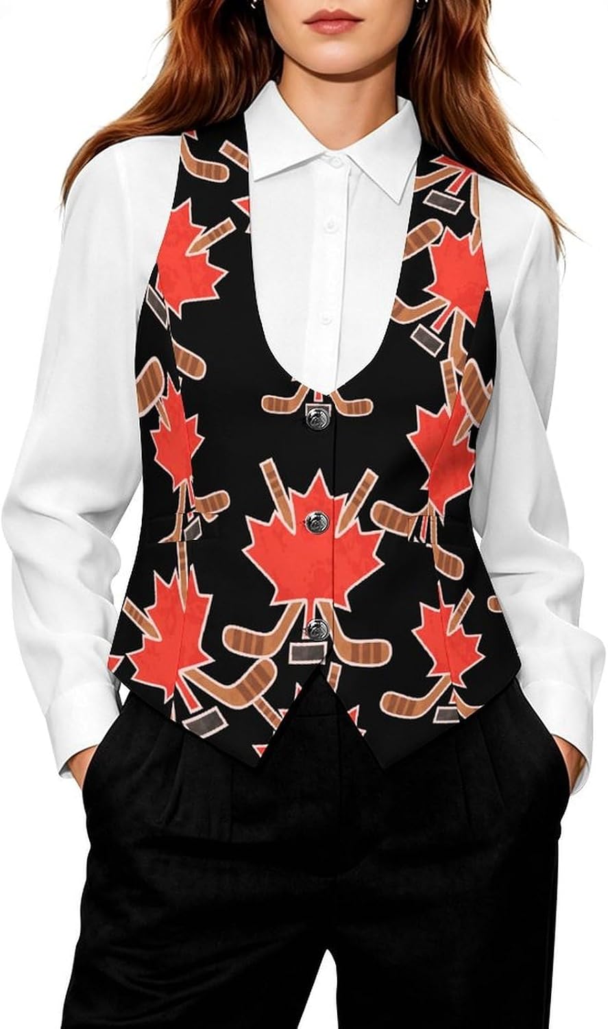 Canada Maple Hockey Women's Suit Vest V Neck Button Down Waistcoat Jacket Business Casual Tops