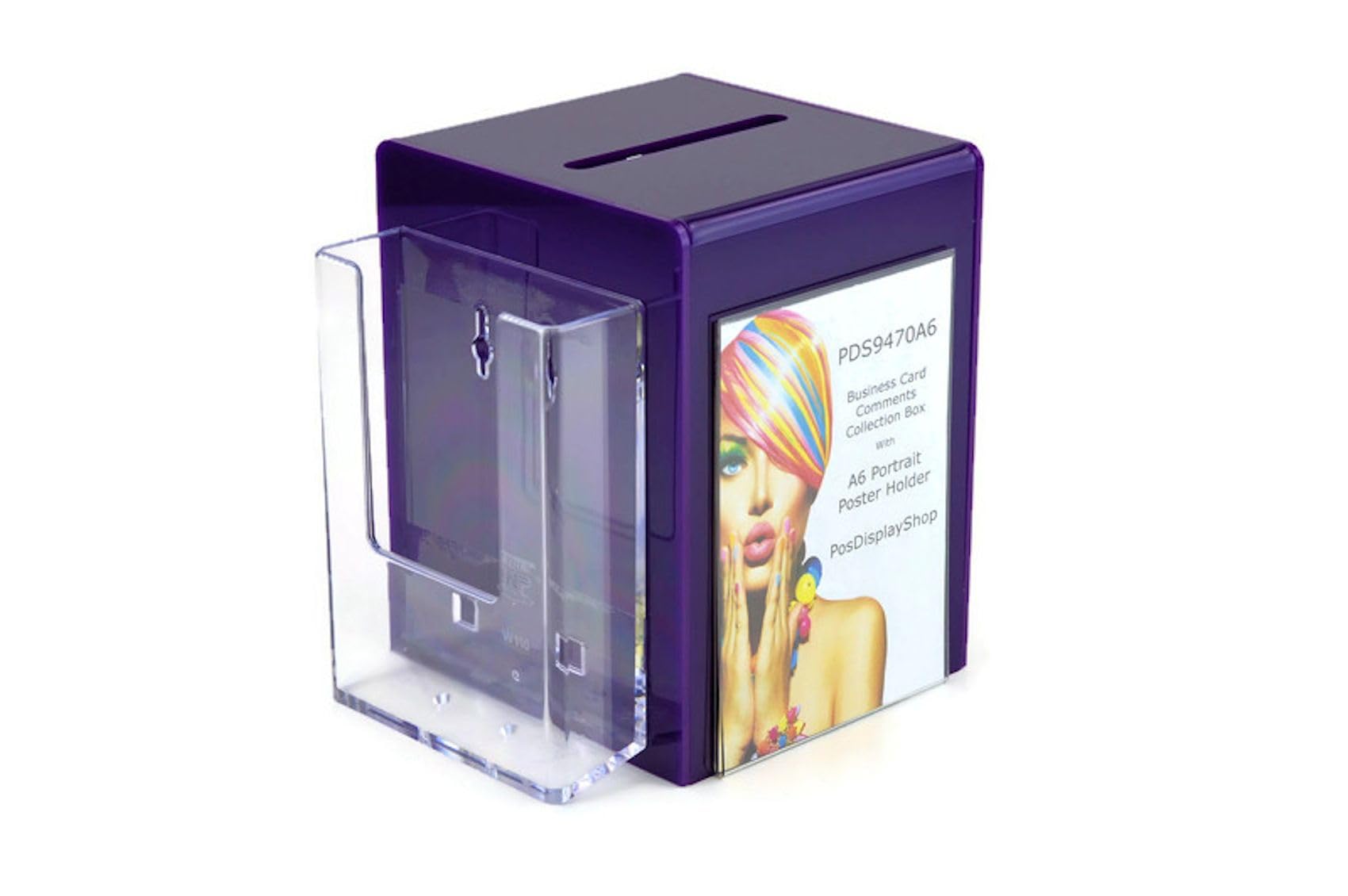 Pos Display Shop Small Purple Acrylic Suggestion Feedback Comments Collection Box with A6 Portrait Poster Holder + Leaflet Holder PDS9470A6 (Purple)