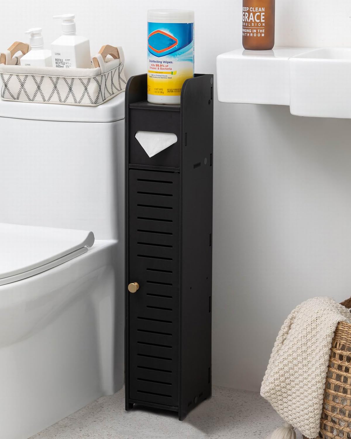 Bathroom Storage, Toilet Paper Stand Beside Storage Fit for Half Bathroom, Next to Toilet Storage, for Small Spaces,Black by AOJEZOR