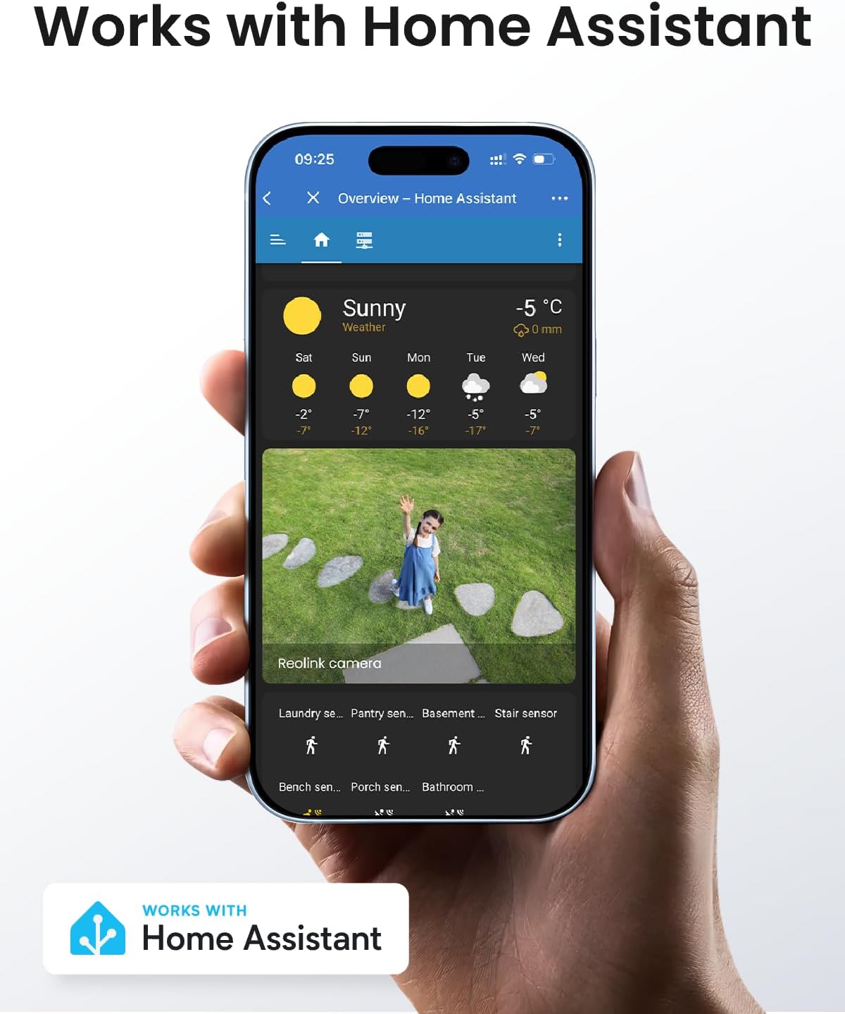 Smartphone screen showing Reolink camera integrated with Home Assistant, displaying live view and weather information.