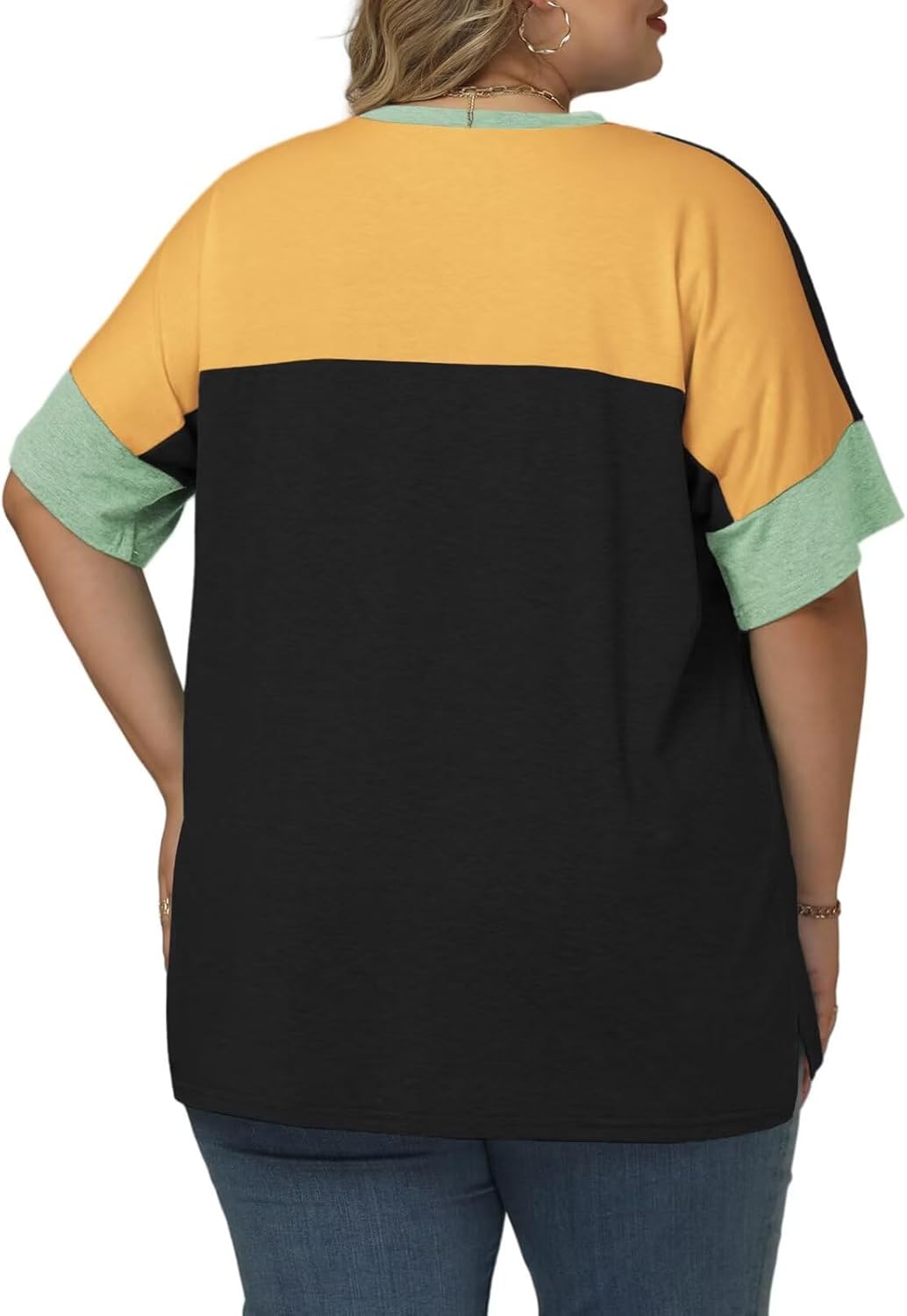 DOLNINE Plus-Size-Tops for Women Summer Color Block Shirts Casual Crewneck Tees Trendy Going Out Side Split Tunics XL-5XL - Image 3
