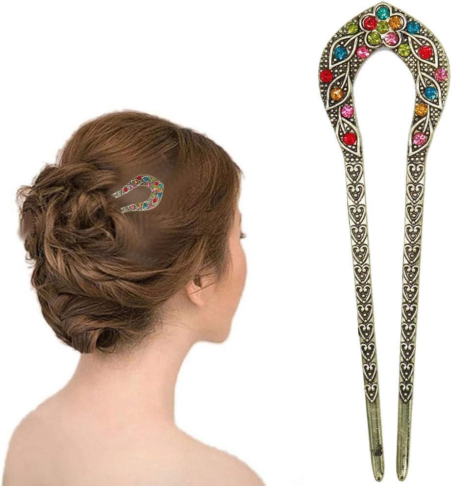 2 Pcs Vintage Hair Stick, Crystal Rhinestone Double Prong Hair Pin Stick Hairstyle Chignon Hairpin, Multicolor, 2 count (Pack of 1) - Image 5