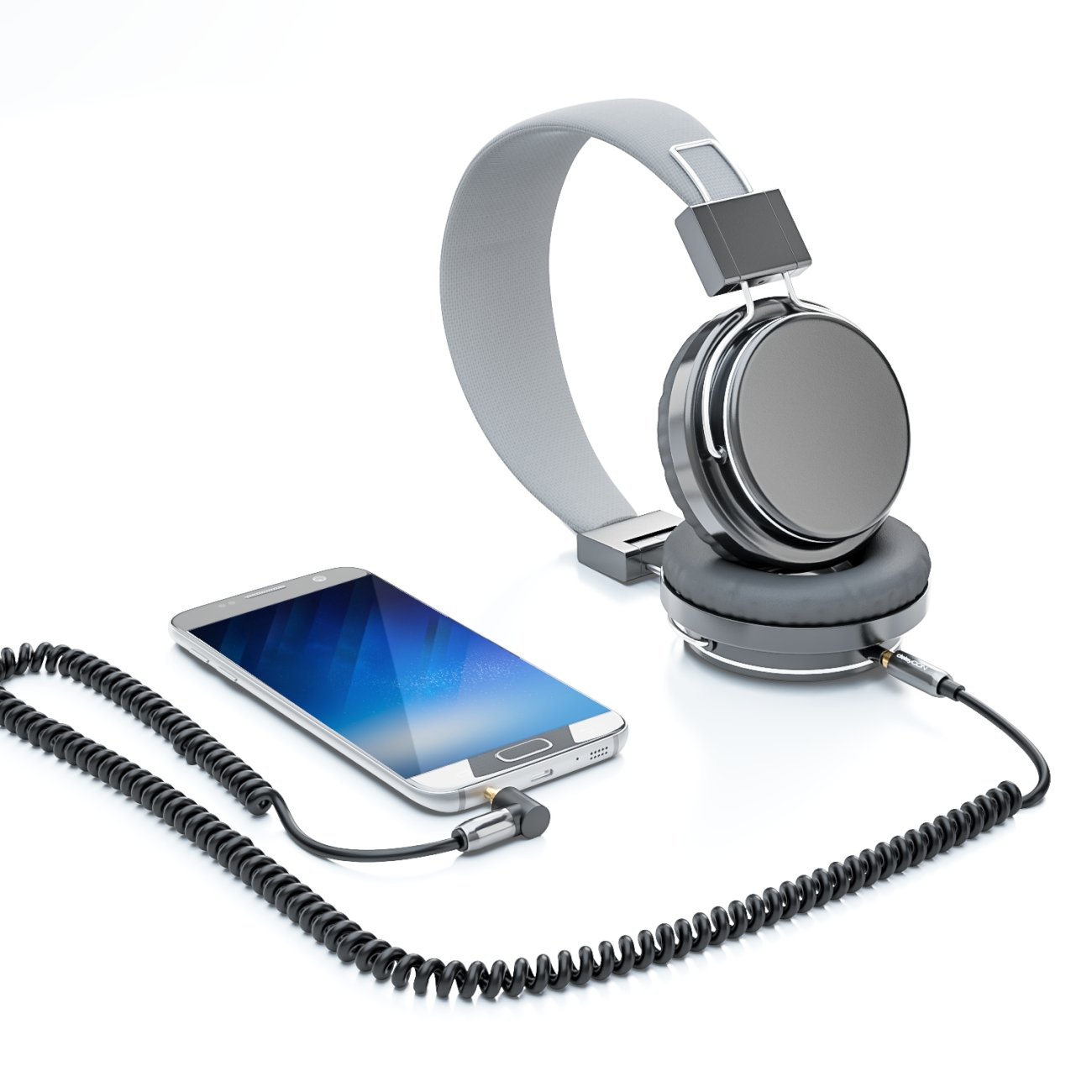 deleyCON 2m Kabel Audio Stereo AUX Spiralny - Jack 3,5 mm Wtyk na Jack 3,5 mm Pod Kątem 90° - Pozłacane Złącza - Kompatybilny z Odtwarzaczem MP3, Smartfonem, Tabletem, TV, Hi‑Fi