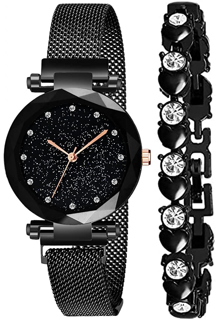 CORXIL® Analogue Diamond Studded Black Dial and Belt Magnet Watch with Gift Bracelet for Women or Girls and Watch for Girl or Women (B09SWW244S) Amazon Price History, Amazon Price Tracker