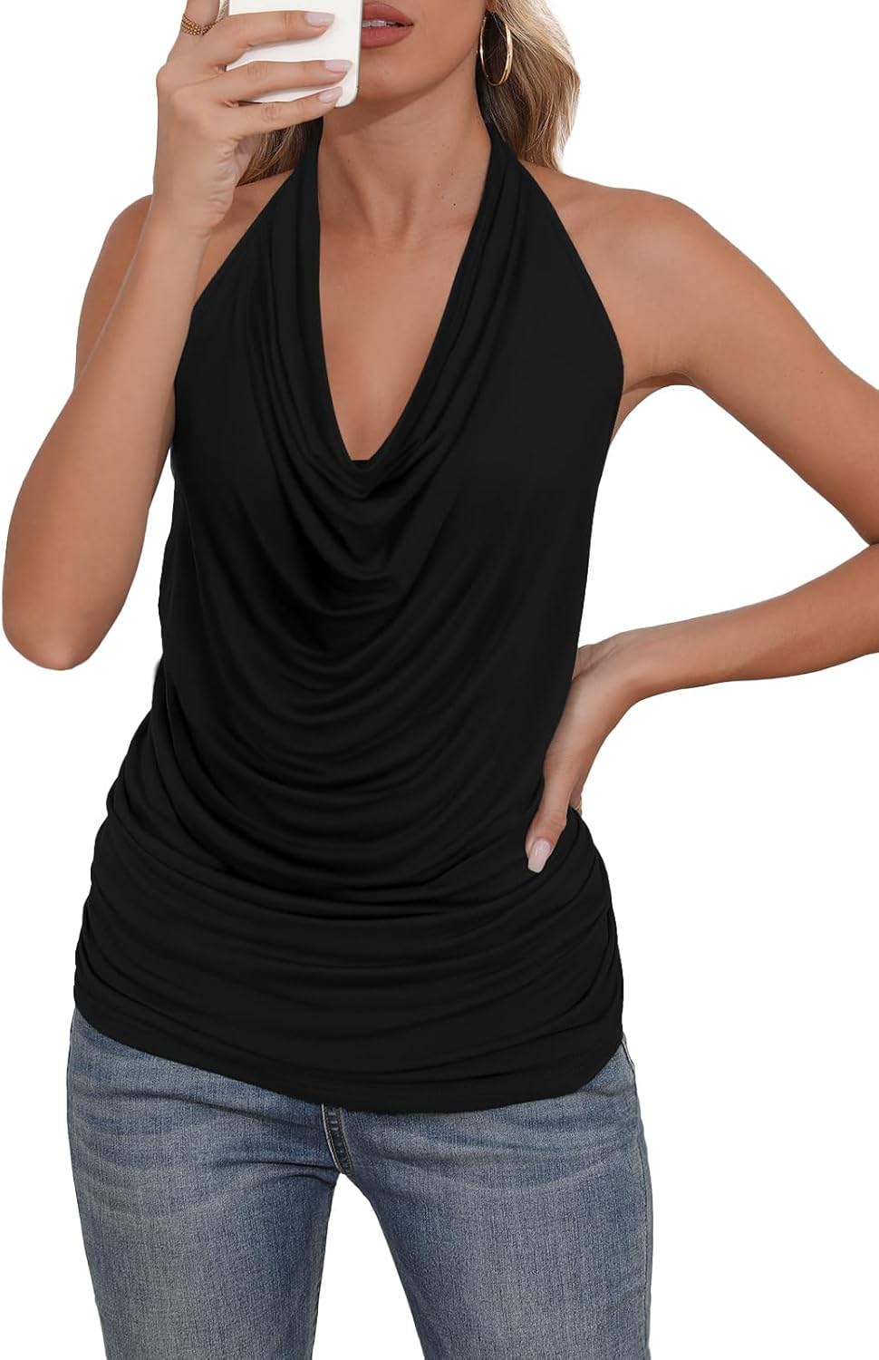 DB MOON Womens Halter Cowl Neck Tank Tops Summer Sexy Backless Cute Ruched Casual Shirts - Image 3