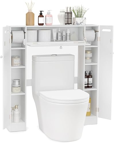 Tangkula Armario de almacenamiento sobre el inodoro, almacenamiento de inodoro independiente con estantes ajustables y soporte para papel, 2 puertas