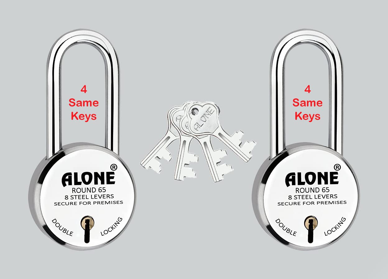 Alone Round Padlock 65mm 2 Padlocks 4 Same Keys Long Shackle Double Locking | Padlocks for Home Door gate Shop Shutter, Chrome Finish Rust Free.-image-34