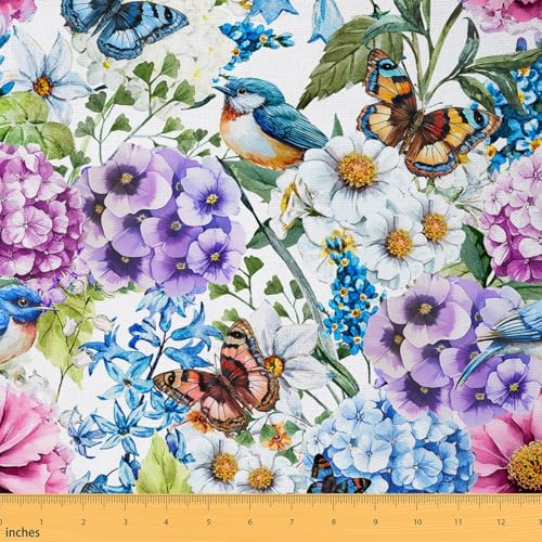Spring Flowers Fabric by The Yard Sofas,Village Florals Birds Butterflies Decorative Fabric,Watercolor Garden Pattern Indoor Outdoor Fabric,Farmhouse Style DIY Crafts,1 Yard,36