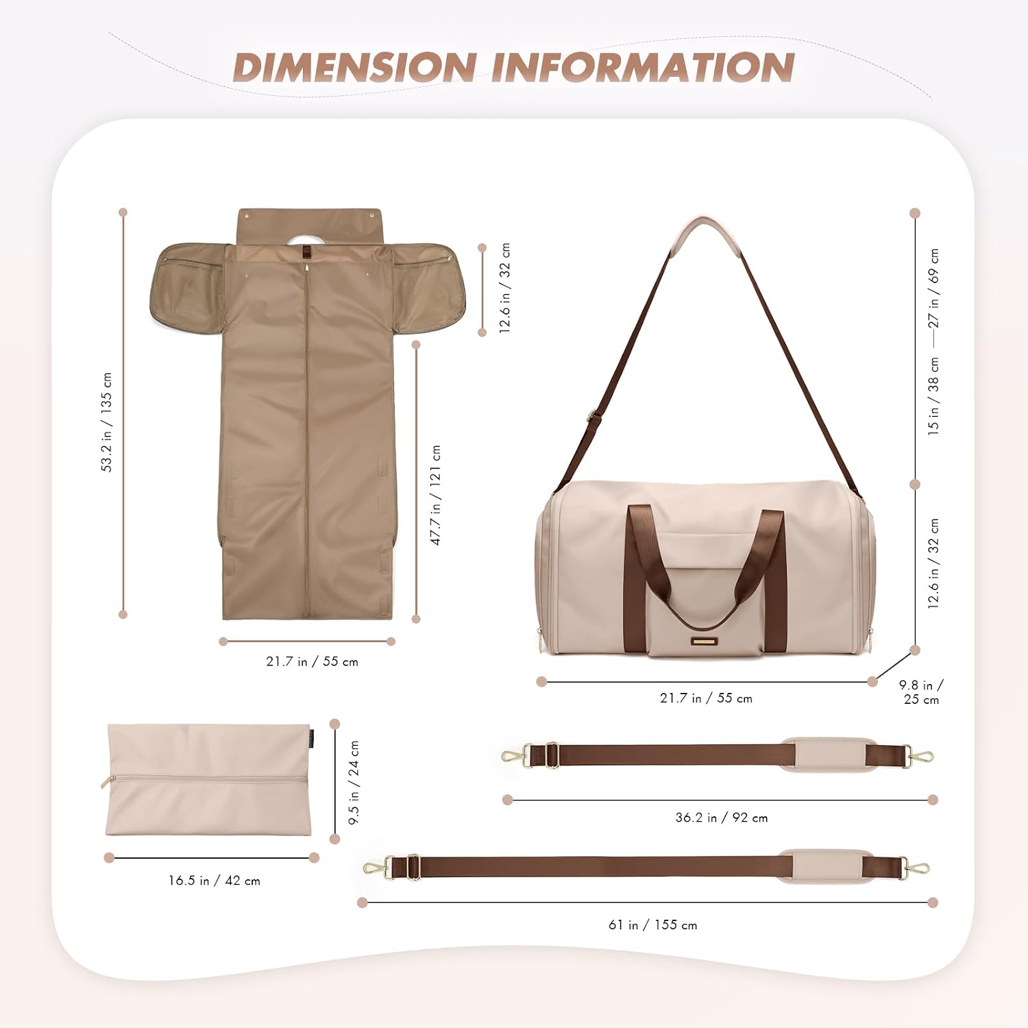 Convertible 2-in-1 Garment Bags for Travel,Women Men Carry On Garment Duffle Bag With Shoe Compartment,Hanging Suit bag,48L,Apricot