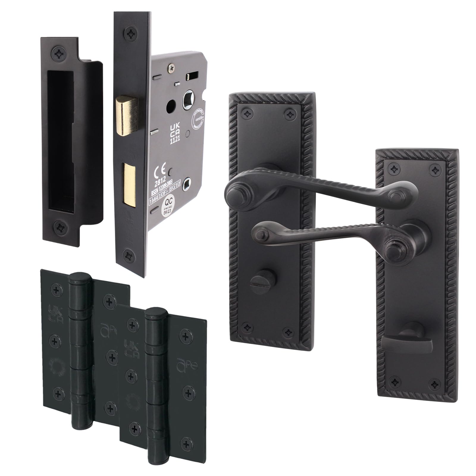 Eai Matt Black Georgian Scroll Bathroom Door Handle Set - 1 Pair Internal Lever Handles, Hinges & Lock (64Mm) - Rope Design