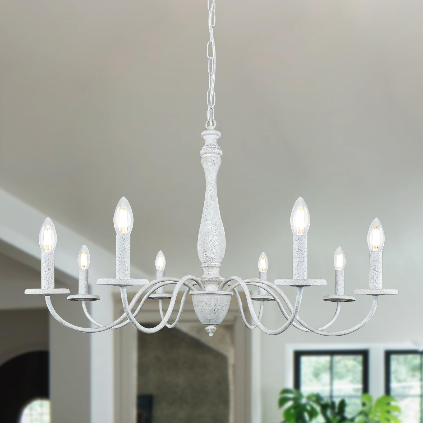 Bianco Lampadario Camera da Letto Classico, 8 Luci Vintage Shabby Chic Lampadario a Sospensione Legno e Ferro, Altezza Regolabile Francese Country Rustico Lampadari Moderni Soggiorno Cucina