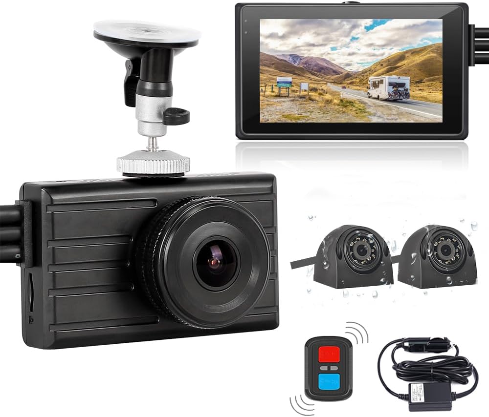 VSYSTO 3CH Truck Dash Cam, 3" LCD Screen 1080P Front & 720P Sides Backup Camera DVR for Semi Trailer Van Tractor Car RV, Waterproof Infrared Night Vision Lens G-Sensor Loop Recording