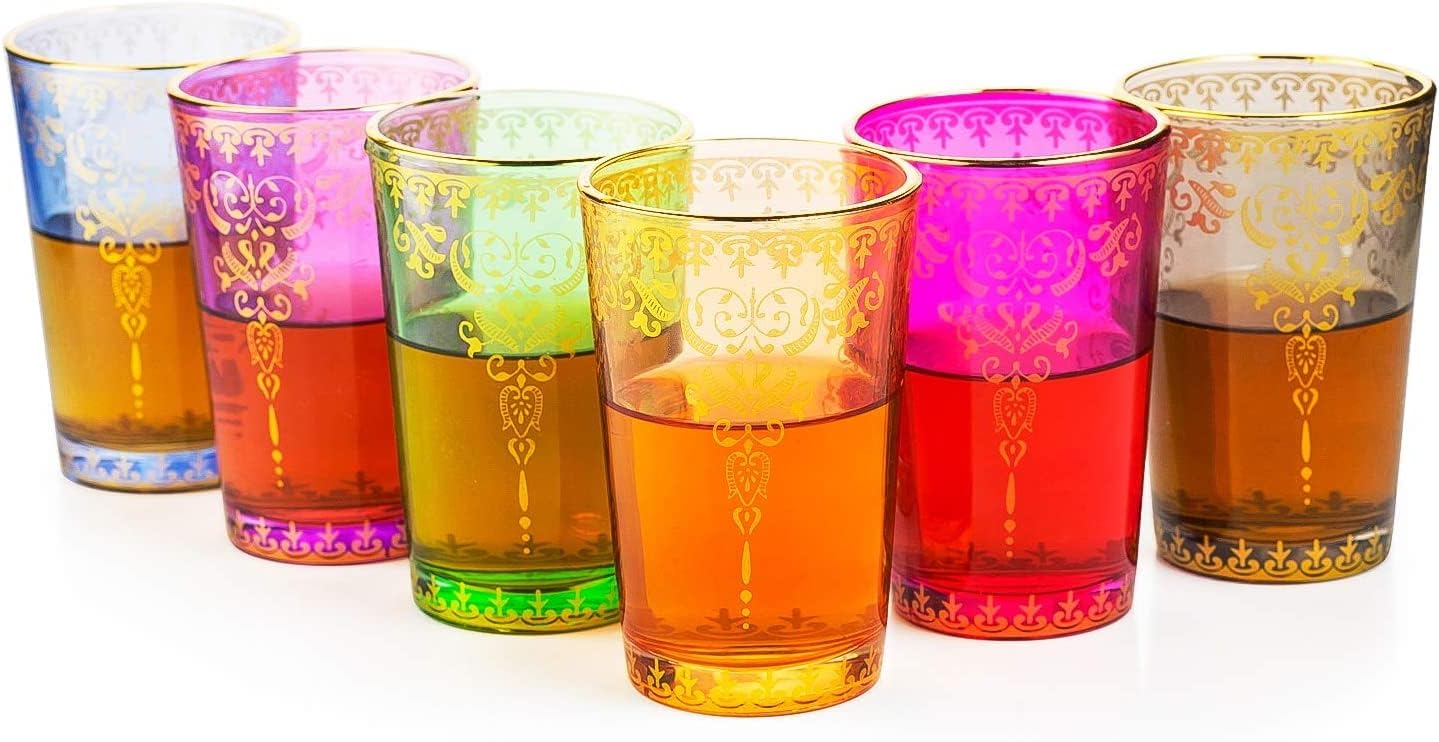 Moroccan Glasses Artisan Hand-Made Multipurpose 170 ml 6 oz Tea, Coffee and Wine Moroccan, Hot & Cold Tumbler - Marrakech & Casablanca Tea Cups Set of 6 Hand Blown Colorful Made in Morocco (6 Colors)