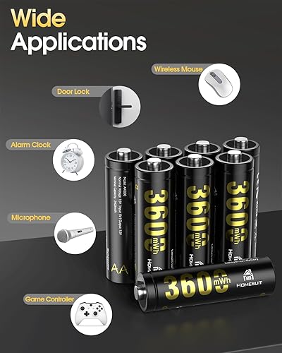 Miniatura 3 de Homesuit Paquete de 8 baterías recargables AA de litio con cargador, baterías de litio de alta capacidad de 3600 mWh, recargables AA, batería de