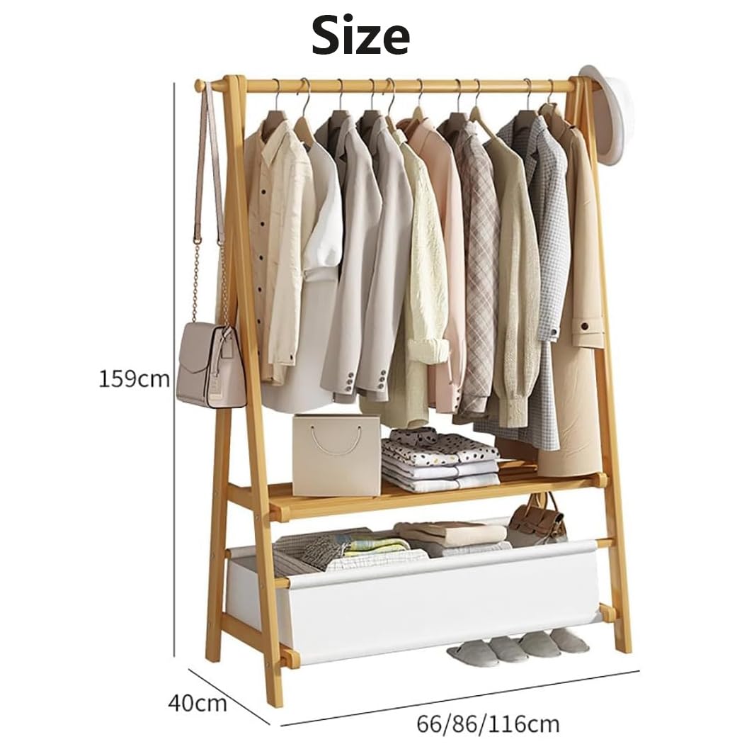 Bambus Kleiderschrank Klappbar Mit Stofftasche, Offener Kleiderständer Bambus Mit Ablagefach Moderner offener Kleiderschrank oder Kleiderregal,Wood,116X40X159cm