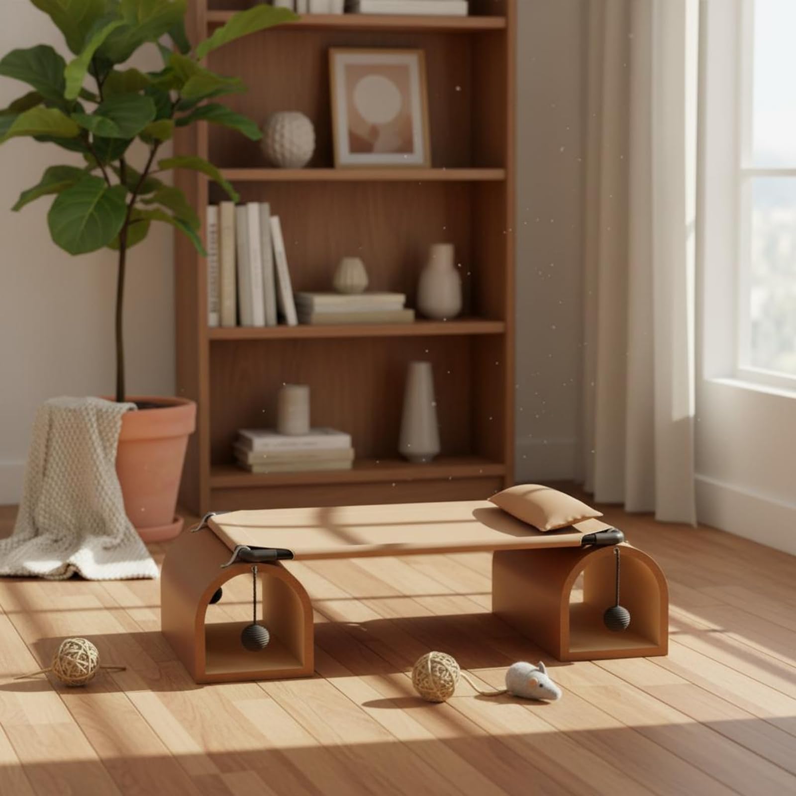 kowaku Tunnel Riposo Letto Gatto Amaca Rifugio Cunicolo con Tessuto Tecnico AntiGraffio Struttura in Legno Ferro Superficie, Marrone, Letto A Tunnel per Gatti