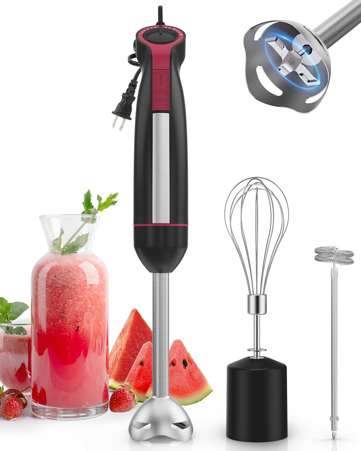 Immersion Blender Handheld 1000W, 3 in 1 Stick Hand Blenders for Kitchen with 20 Variable Speeds & Turbo, 304 Stainless Steel with Electric Whisk & Milk Frother Attachments for Soup, Puree & Emulsion image 1