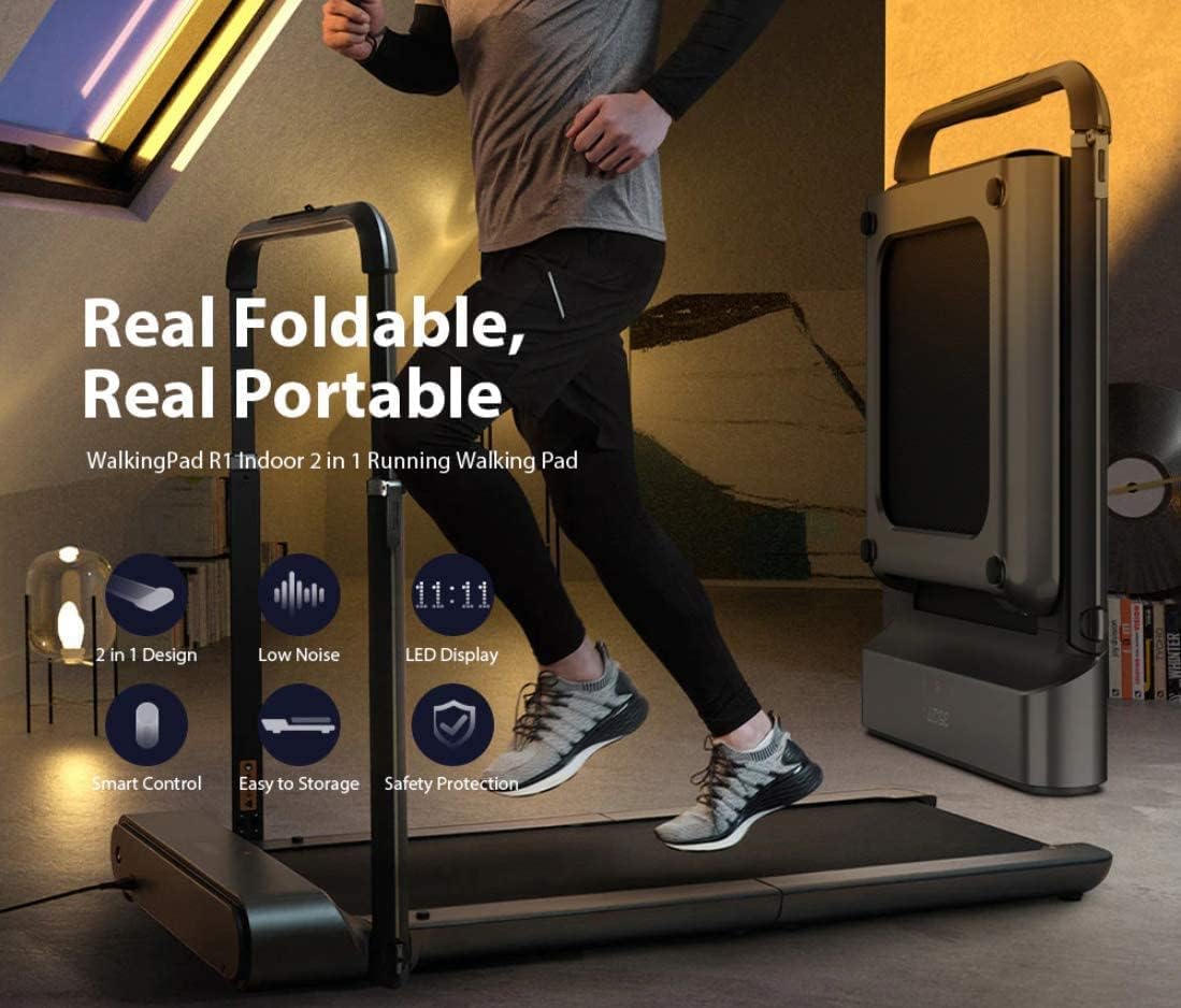 Kingsmith WalkingPad R1 Pro showcasing its foldable design, portability, low noise, LED display, smart control, easy storage, and safety protection features.
