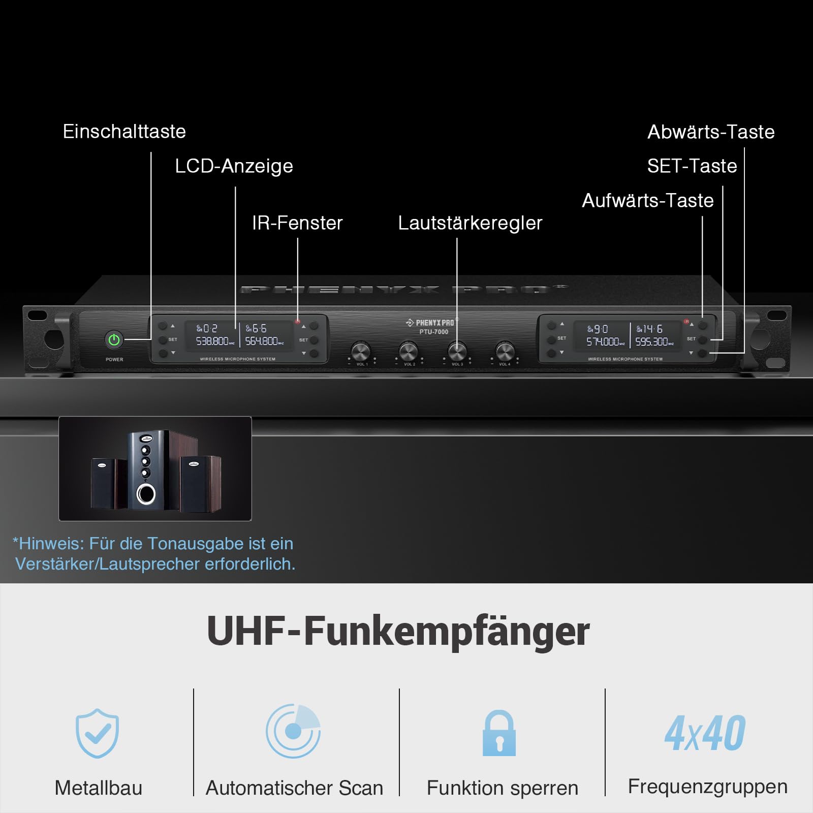 Phenyx Pro Quad Channel Wireless Mikrofon System, 4 Handheld Funkmikrofone, 4x40 Kanäle, Auto Scan, 328ft Reichweite, ideal für Gesang, Kirche, Karaoke (PTU-7000-4H)