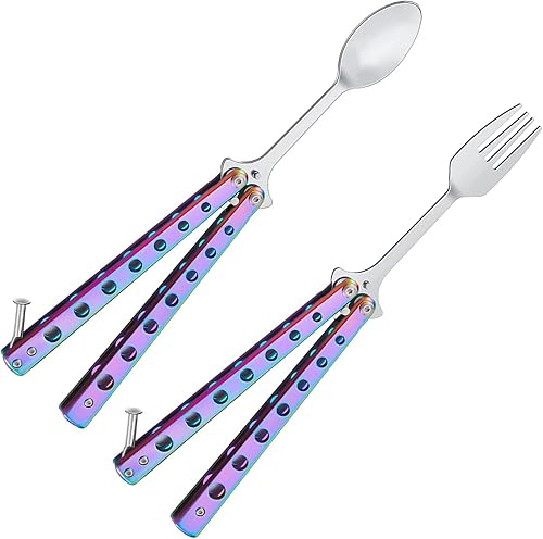 Juego de 2 tenedores y cucharas de mariposa, de acero inoxidable táctico, plegable, estilo abierto, para campamento, senderismo, cocina, barbacoa,