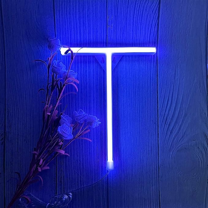 Blue Neon Sign Light Letters - Battery/USB Powered - easily mounted on walls Bedroom Wedding Birthday Christmas Decorations Neon Sign Lights for Graduation Festive Ambiance Lights Sign（Letters T) — image 1