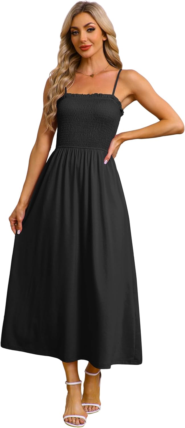 OFEEFAN Womens Spaghetti Strap Maxi Dresses Smocked with Pockets 2026 Summer Spring Casual Boho Beach Long Sundresses - Image 4