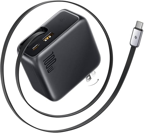 Baseus Enercore - Cargador USB C de 100 W con cable incorporado retráctil, enchufe plegable de 3 puertos PD adaptador de pared de carga rápida para
