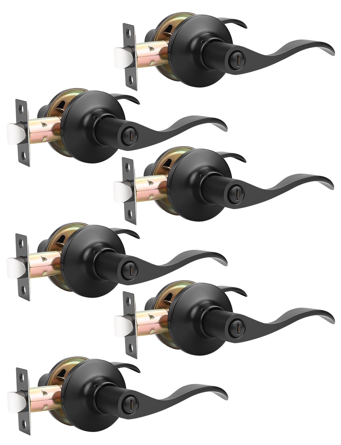 Mengico 6 Pack Black Door Handles Privacy Interior Door Lever Heavy Duty Wave Style Bed Bath Door Locks