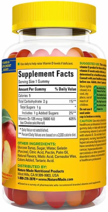 Miniatura 4 de Nature Made - Vitamina D3 extra fuerte de 125 mcg, 150 gomitas, suministro para 75 días + incluido con un estuche compacto de píldoras de viaje