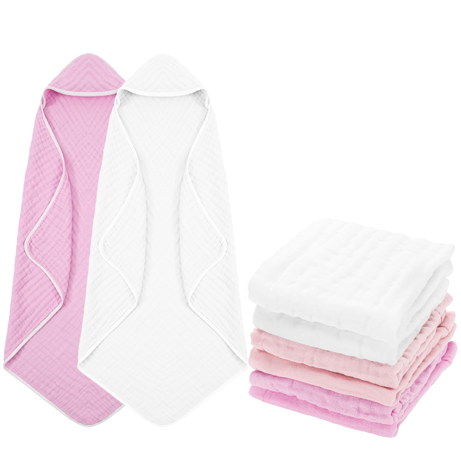 Peryiter 8 Pack Baby Bath Towels and Wash Cloth Set Muslin Hooded Soft 100% Cotton Baby Hooded Bath Towel Absorbent Towels Cloths for Babies, Infant,