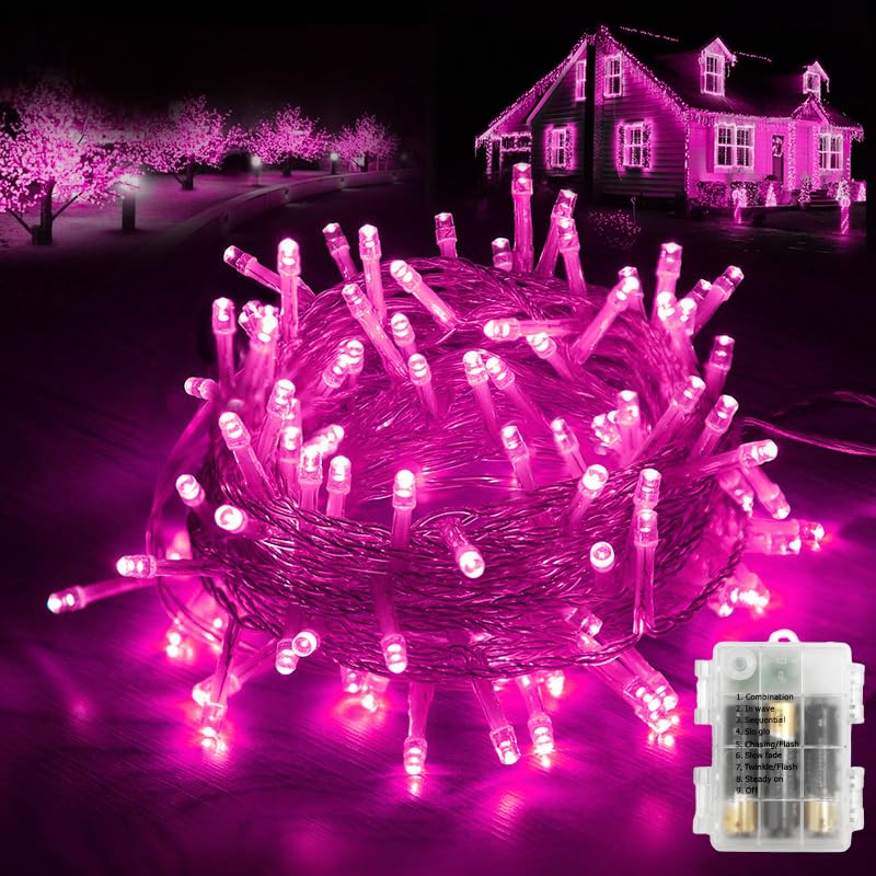 Pink Princess Christmas String Lights 1 Pack Each 32.8ft 120 LED Battery Operated Indoor Outdoor Waterproof Clear Wire Cluster Fairy Lights with Timer 8 Modes Garland Tree Valentine's Day Decoration