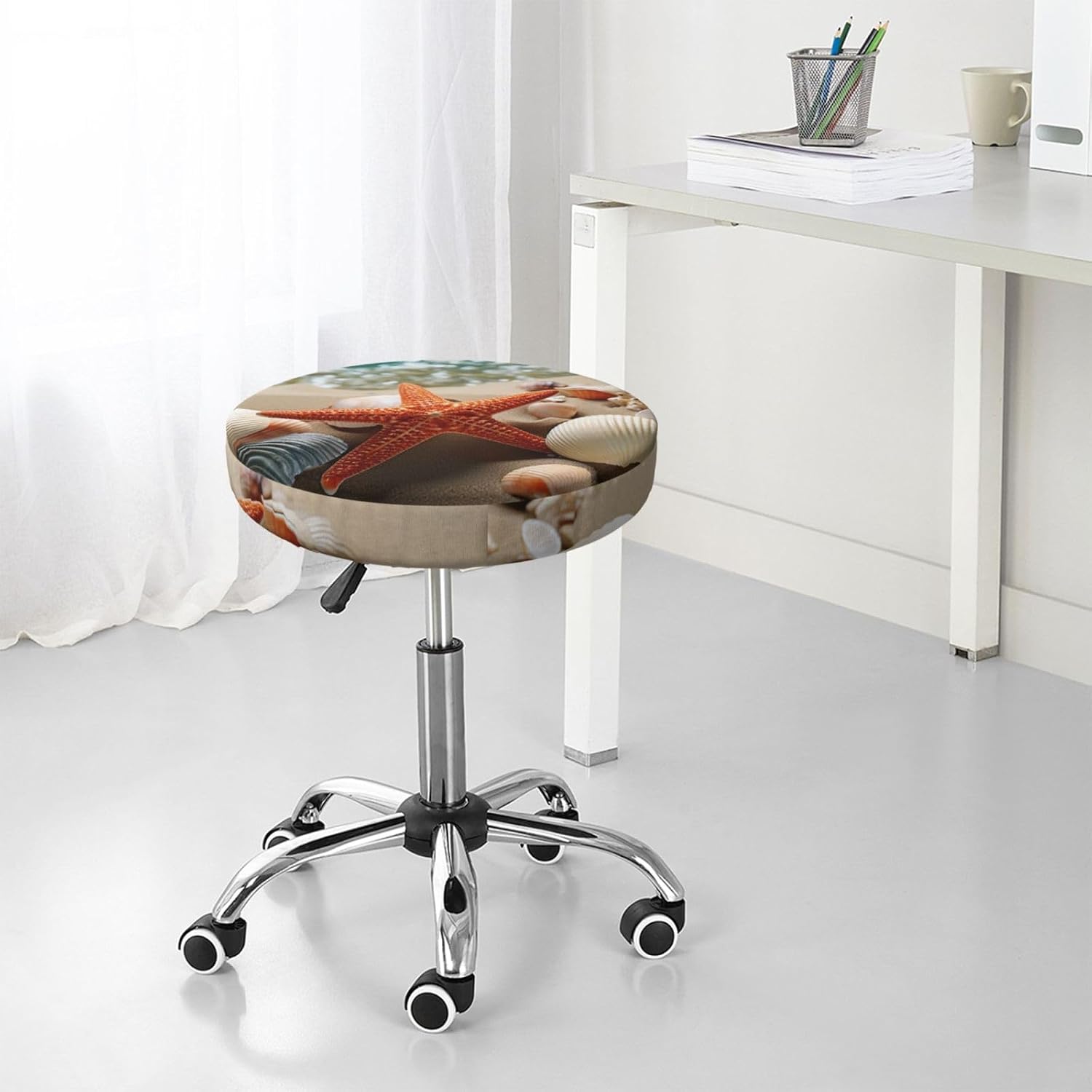 Bar Stool Cover Round Elastic Stool Cushion Covers Sandbeach Shell Starfish Bar Chair Cover Washable Stool Cushion Slipcover Stretch Stool Seat Covers for 12-14 Inch Chair