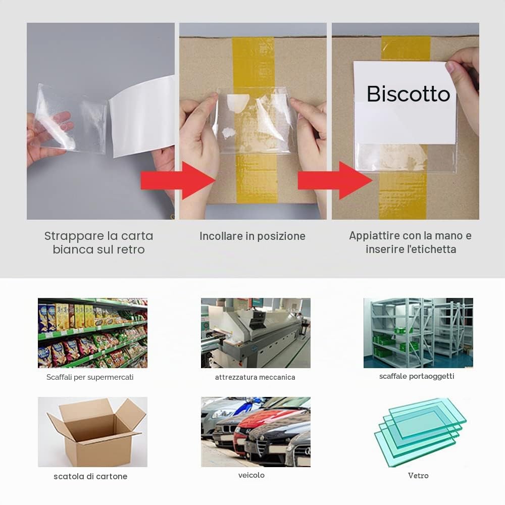 Trasparente Autoadesivo Supporto 28 Pezzi Tasca per Schede Autoadesive Apertura Lato Corto 2x8cm