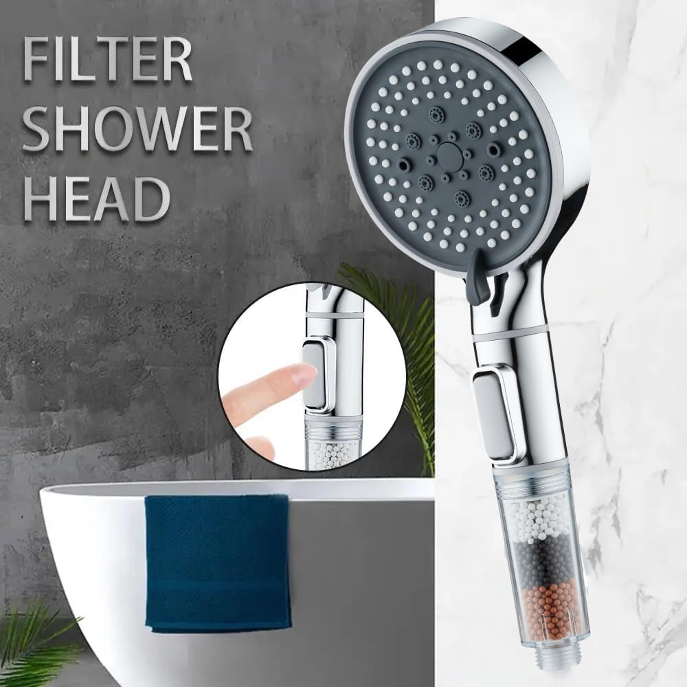 Socila Filtered Handheld Shower Head Button On/Off Select High Pressure 6 Spray Mode, Back Massager, Reduces Dry Itchy Skin Chlorine And Fluoride Heavy Metals, With Hose & Bracket