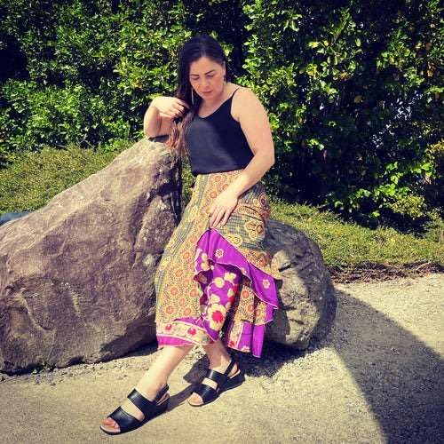 YILLE Boho Silk Sari Vintage Wraparound Long Skirt for Women Tie Waist Gypsy Double Layer Skirt with Multicolor Asymmetrical Free Size, Ethnic Fashion for Any Occasion and Casual Outings (Pack of 1)4