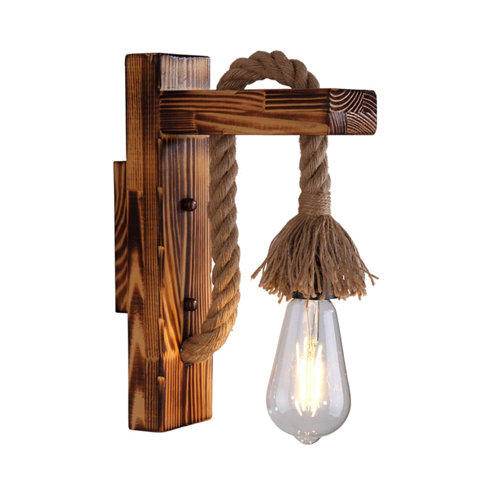 Generico Lampada da parete, Lampada da parete in legno Retro V-intage Luce Scale Corridoio Decorativo in corda di canapa Camera letto E27 comodino(Roasted wood color)