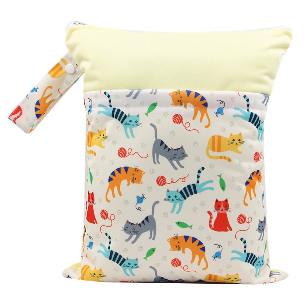 Treer Dry Wet Bag Baby Nappy Organizer Bag Large Double Zipper Reusable Waterproof Cute Animals Print Baby Carriage Hanging Bag, for Soiled Baby Items or Wet Clothes Storage (Kitty) — image 1