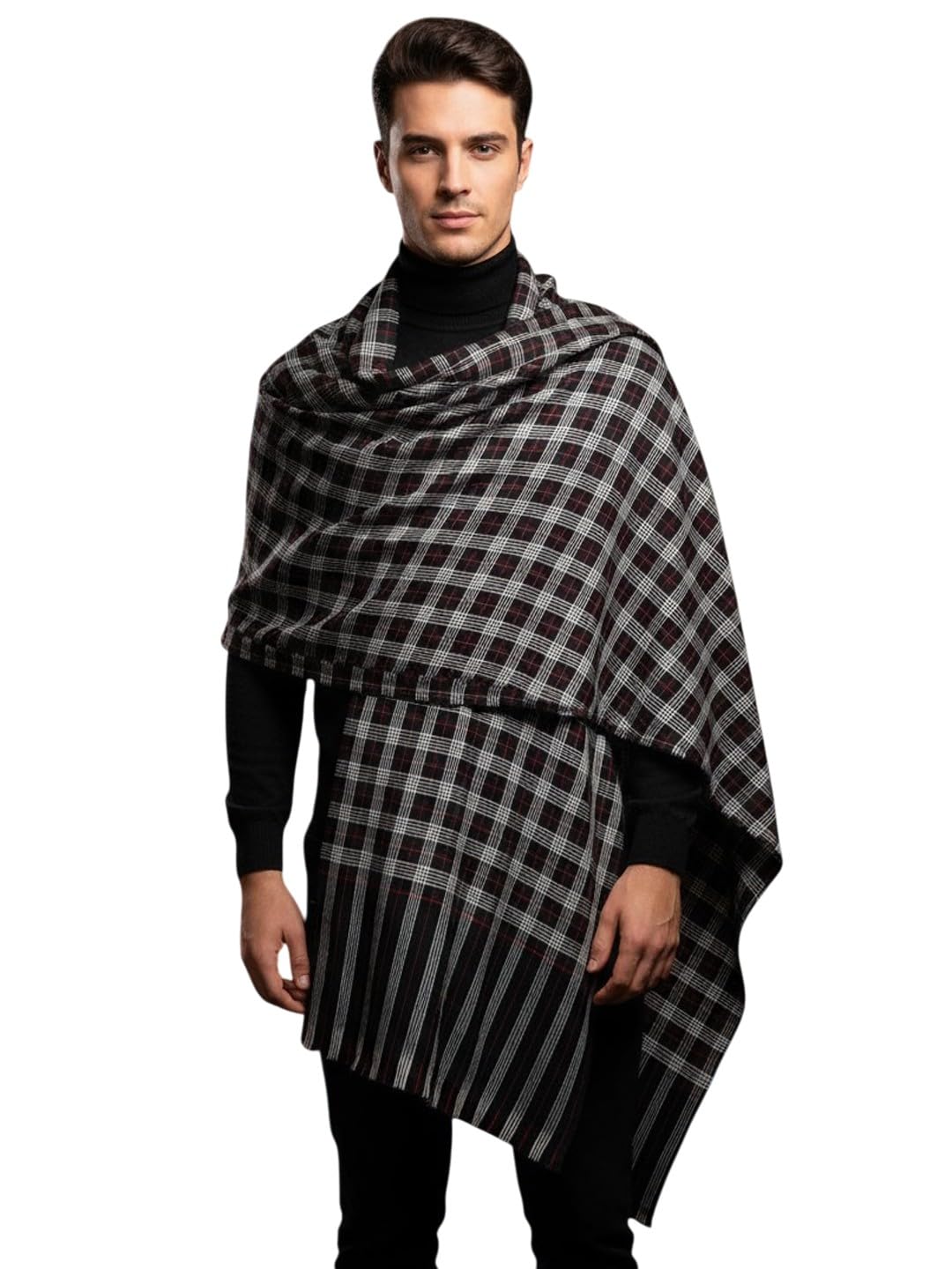 Men's Classic Check Design Acro Woolen Shawl, 112cm x 225cm (Black)-image-16