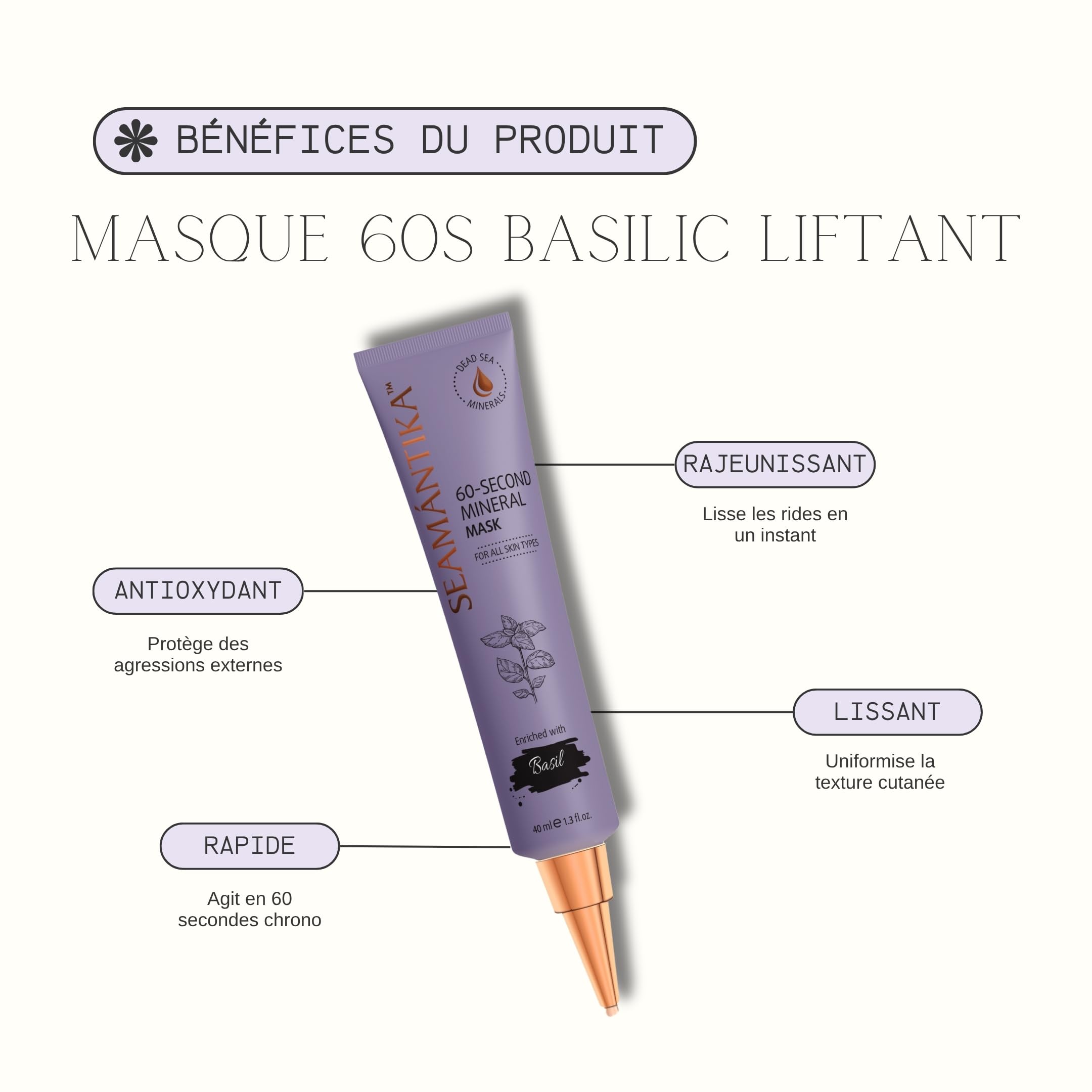 SEAMANTIKA - Masque Visage 60 Secondes au Basilic - 40 ml | Le masque 60 secondes au basilic aide à lisser l'apparence des ridules et à améliorer la texture et l'éclat du teint.