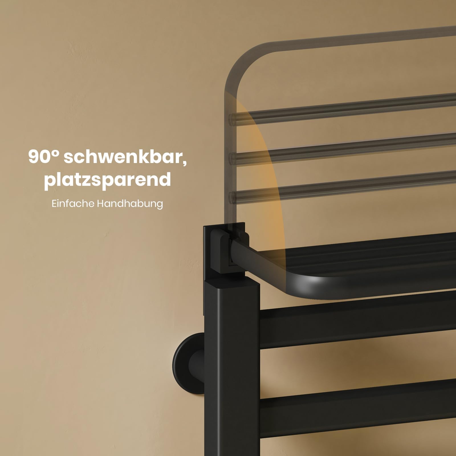EMKE Elektrischer Badheizkörper 100x50 cm, 280W Handtuchwärmer mit WLAN-App-Steuerung, Kohlefaser Handtuchheizkörper mit klappbarer Ablage & 6 Haken, IPX5 spritzwassergeschützt, Schwarz
