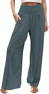 Pantalones de lino de verano para mujer, informales, de algodón y lino, de un solo color, con goma elástica, pantalones de verano de cintura alta, pantalones de playa con bolsillos,
