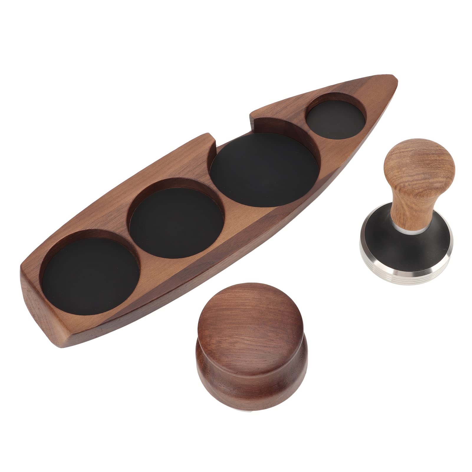 3-teiliger Kaffee-Manipulationshalter, Walnussholz-Gummi-Edelstahl-Bootsförmiger Verteilerständer, Premium-Kaffeezubehör mit Tamper und Verteiler für Barista, Kaffeebar, Küche (Für 51/53-mm-Basis,