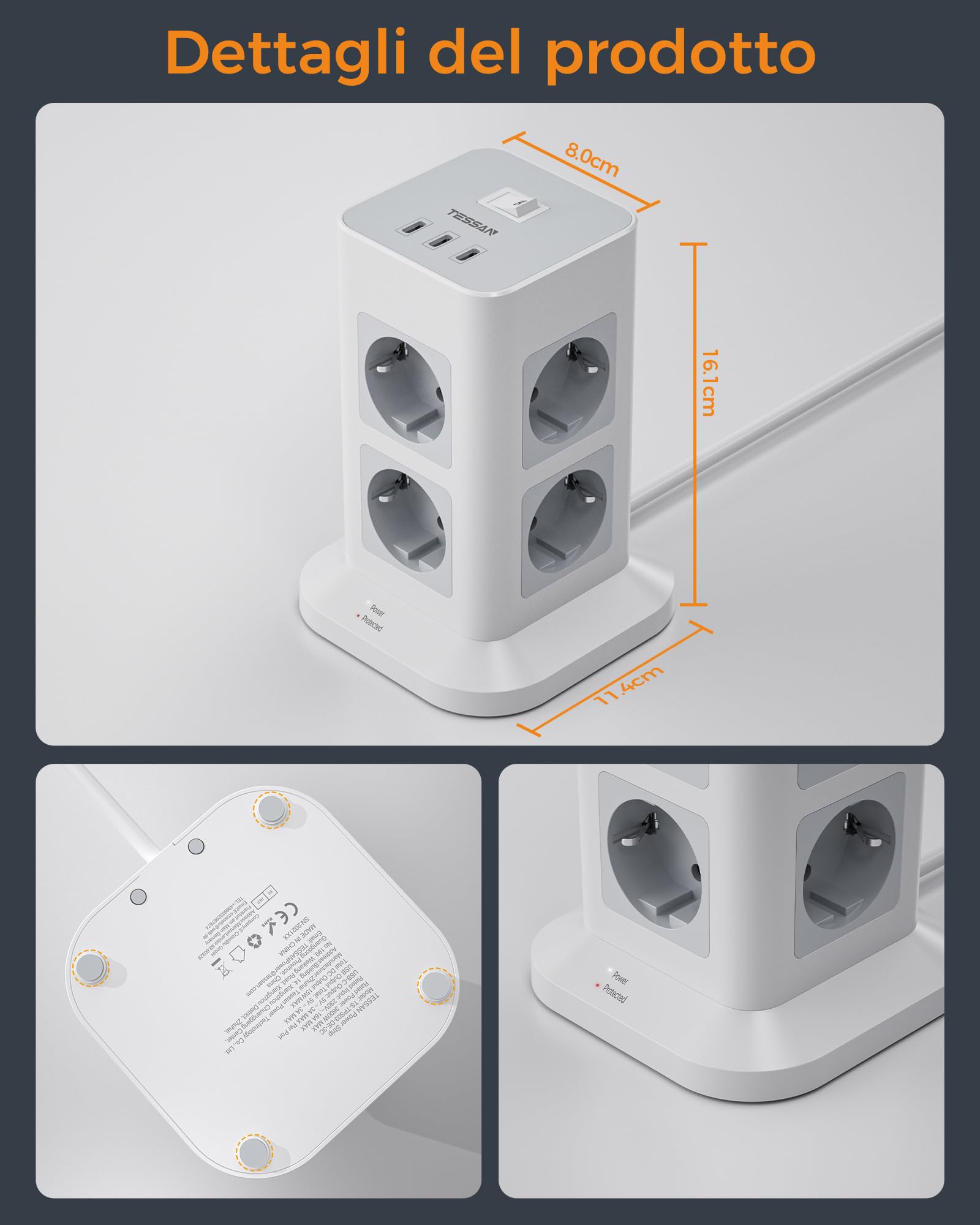 TESSAN 8 Prese Ciabatta Multipresa con 3 USB C, Ciabatta Elettrica con Protezione da Sovratensione 1700J, Ciabatta Elettrica con Interruttore, Multipresa da Scrivania 16A con Prolunga 2M, 3600W