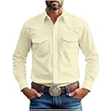 Western Cowboy Shirts for Men Pearl Snap Button Down Cotton Work T-Shirt Men's Casual Shirt Jacket with Two Pockets
