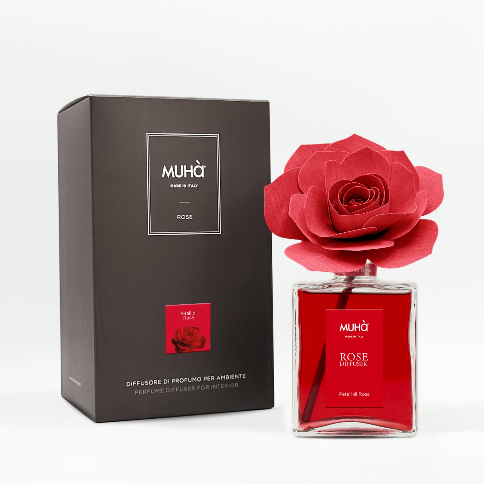 MUHA' | Duftdiffusor für Räume Rosa Diffuser, Duft Petali di Rosa, Raumduftdiffusor mit Rose aus Birkenholz, 200 ml Format.