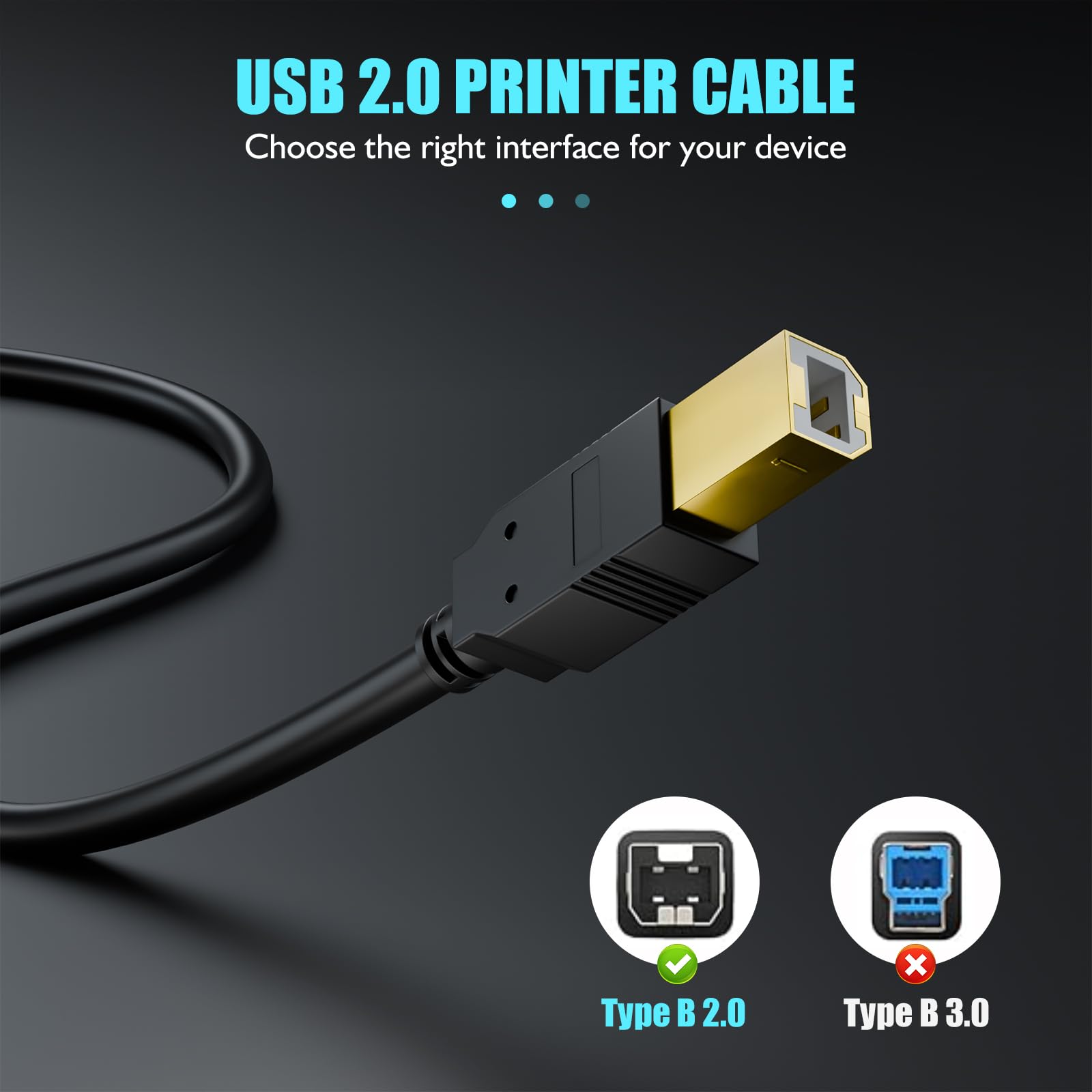 Cavo USB per stampante, 3 m, placcato oro, cavo USB-B, cavo USB MiDi USB 2.0 tipo A maschio a B maschio, cavo scanner ad alta velocità per HP, Canon, Dell, Epson, Lexmark, Xerox e altri